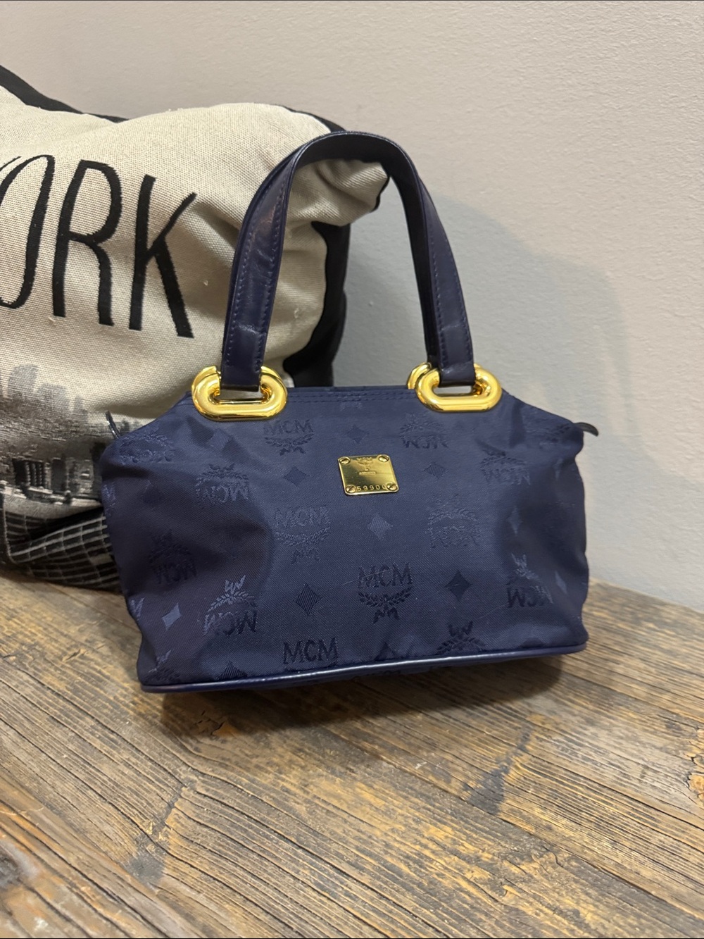 MCM Navy Monogram Top-Handle Satchel with Gold-Plated Hardware (vintage)
